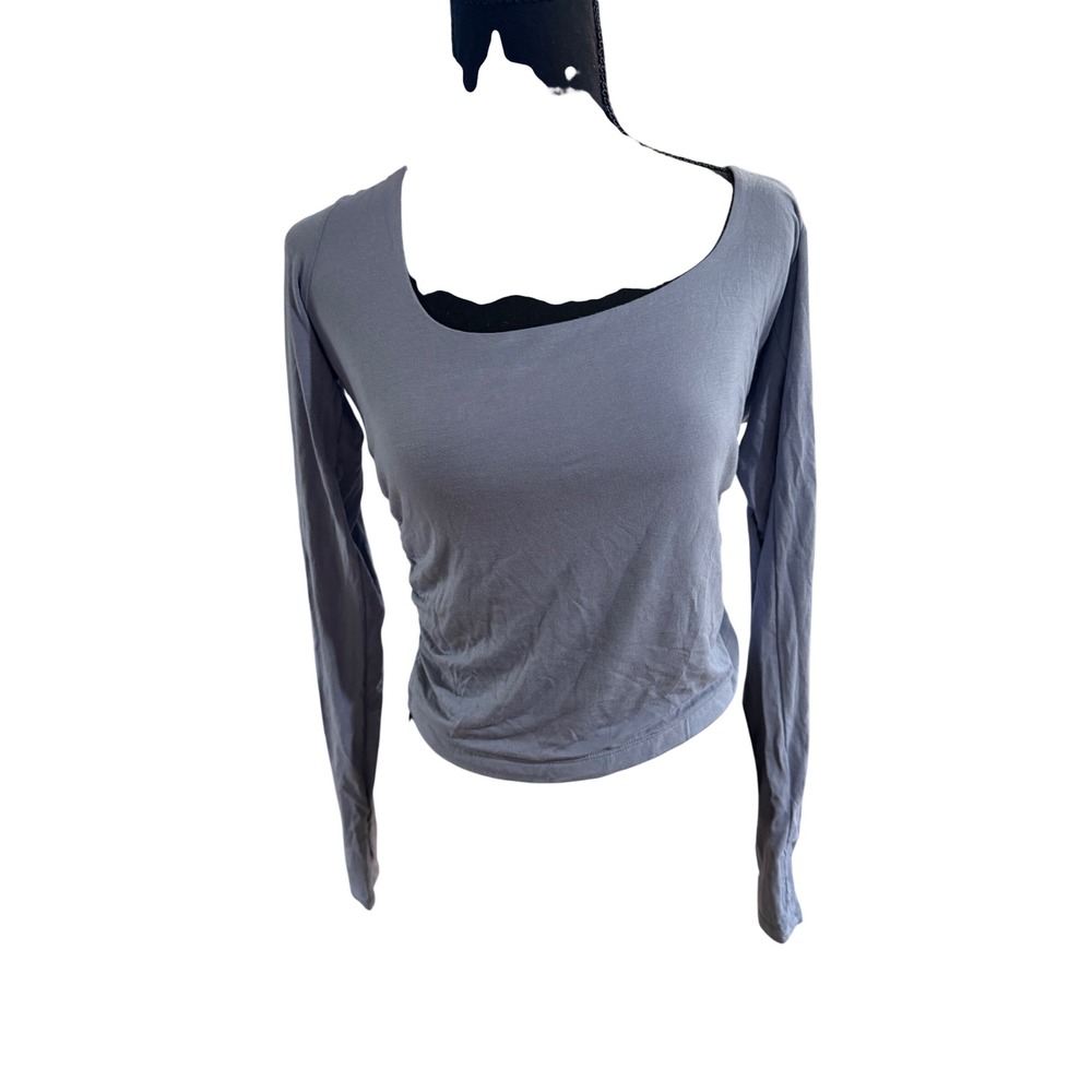 Blogilates Women Blue Gray Ruched Long Sleeve Open Back Tie Top Medium‎